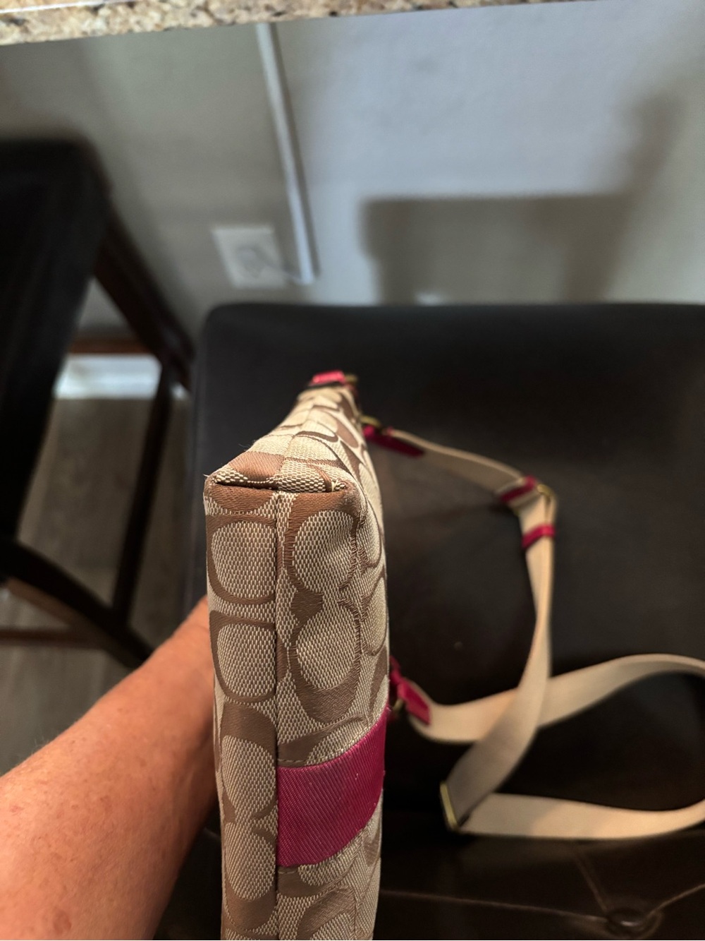 Coach Brown Signature Crossbody with Pink Stripe and White Strap - Picture 7 of 13